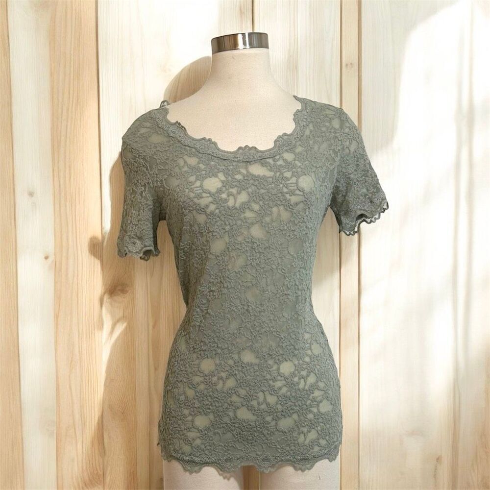 Rosemunde Copenhagen Lace Top Shirt Green Large L Knit Short Sleeve Tunic